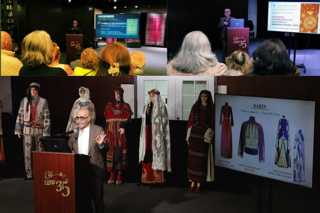 Hratch Kozibeyokian presenting lectures on Armenian carpets, embroidery, and traditional costumes at Lark Musical Society